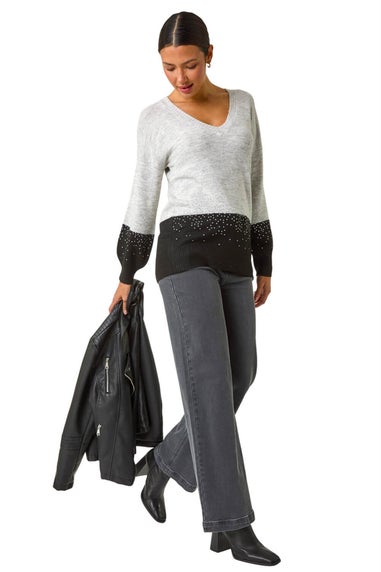 Roman Light Grey Colour Block V-Neck Boyfriend Jumper