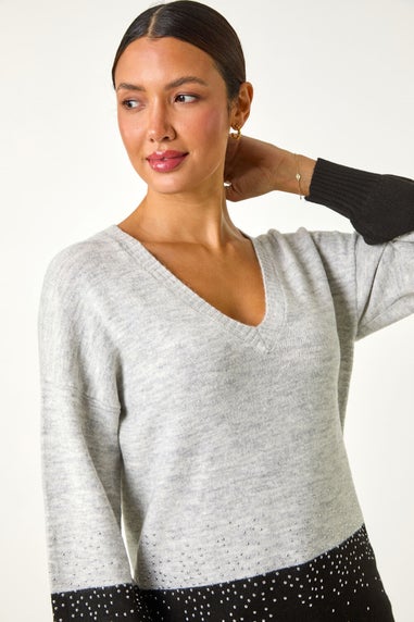 Roman Light Grey Colour Block V-Neck Boyfriend Jumper