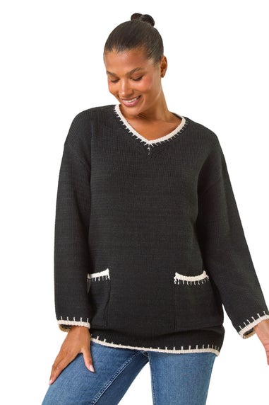 Roman Black Blanket Stitch V-Neck Knitted Jumper