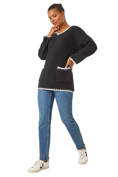 Roman Black Blanket Stitch V-Neck Knitted Jumper