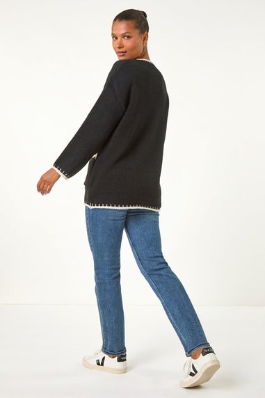 Roman Black Blanket Stitch V-Neck Knitted Jumper