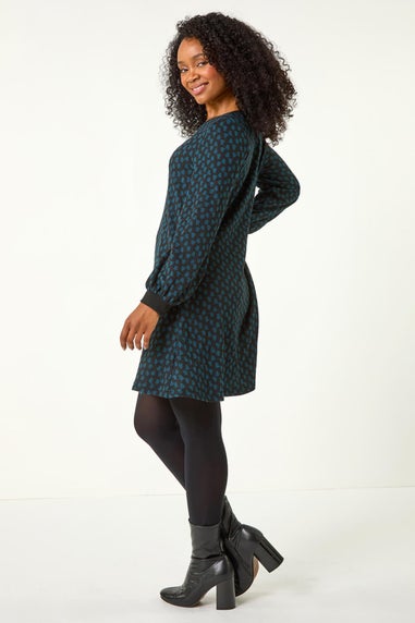 Roman Teal Petite Geometric Button A-Line Dress