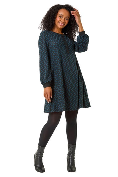 Roman Teal Petite Geometric Button A-Line Dress