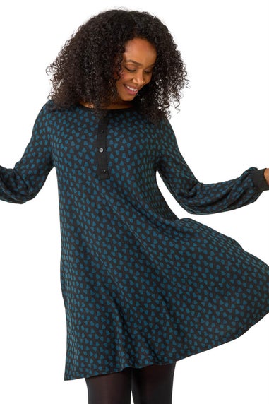 Roman Teal Petite Geometric Button A-Line Dress