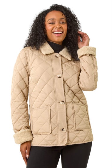 Roman Camel Petite Borg Contrast Padded Coat