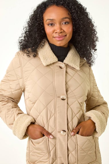 Roman Camel Petite Borg Contrast Padded Coat