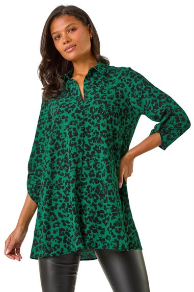 Roman Green Swing Shape Animal Print Blouse