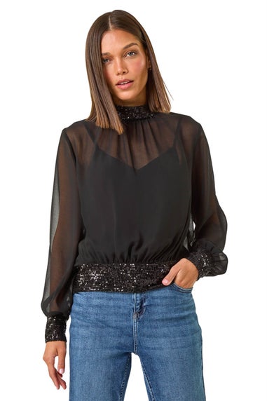 Roman Black High Neck Chiffon Sequin Stretch Top