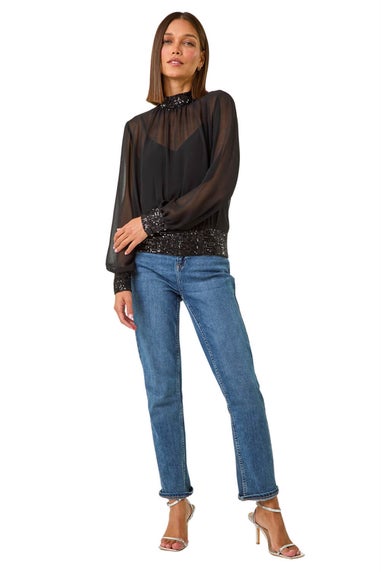 Roman Black High Neck Chiffon Sequin Stretch Top