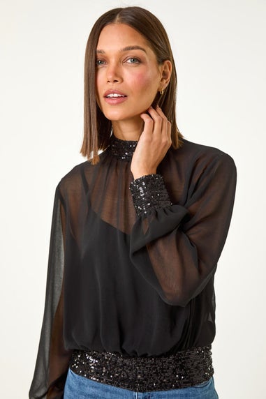 Roman Black High Neck Chiffon Sequin Stretch Top