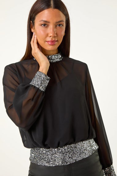 Roman Silver High Neck Chiffon Sequin Stretch Top