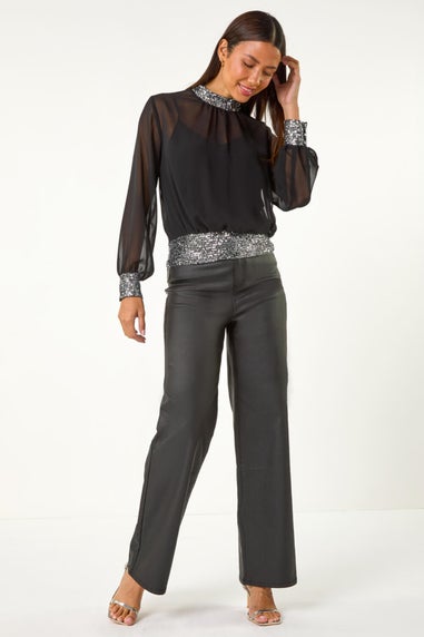 Roman Silver High Neck Chiffon Sequin Stretch Top