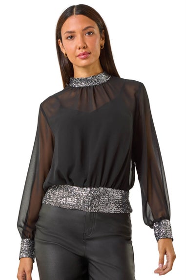 Roman Silver High Neck Chiffon Sequin Stretch Top