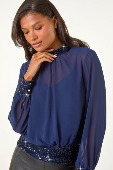 Roman Navy High Neck Chiffon Sequin Stretch Top