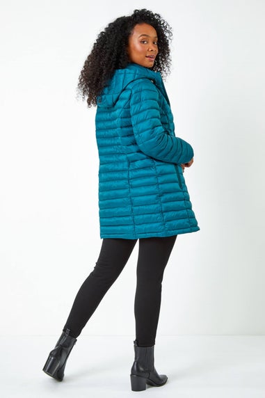 Roman Teal Petite Quilted Longline Puffer Coat