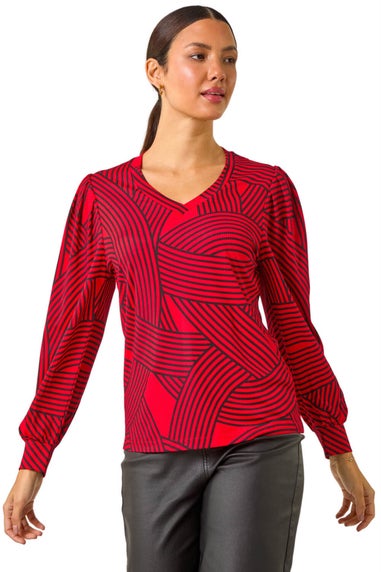 Roman Red Geometric Print V-Neck Stretch Top