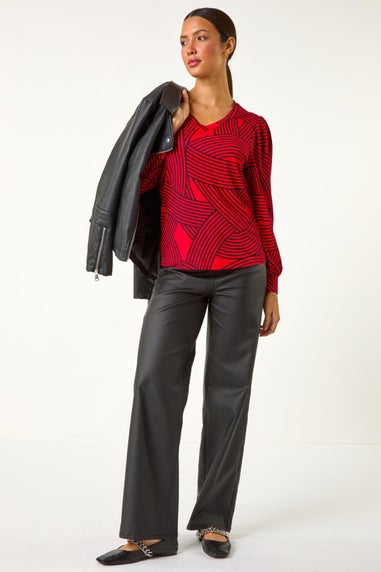 Roman Red Geometric Print V-Neck Stretch Top