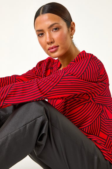 Roman Red Geometric Print V-Neck Stretch Top