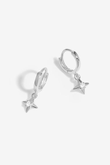 Simply Silver Sterling Silver 925 Polished and Cubic Zirconia Silver Crystal Celestial Charm Hoop Earrings