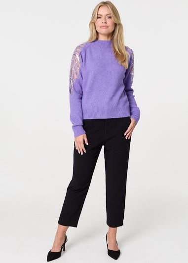 Izabel London Purple Sequin Detail High Neck Relaxed Jumper