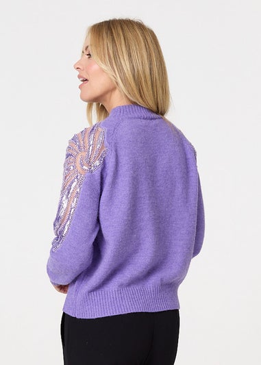 Izabel London Purple Sequin Detail High Neck Relaxed Jumper