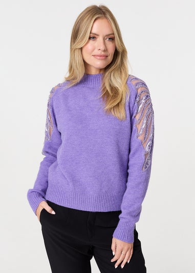 Izabel London Purple Sequin Detail High Neck Relaxed Jumper