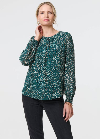 Izabel London Green Animal Print Semi Sheer Blouse