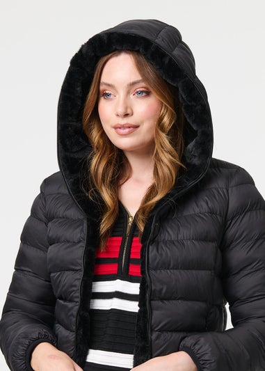 Izabel London Black Reversible Faux Fur Hooded Puffer Jacket