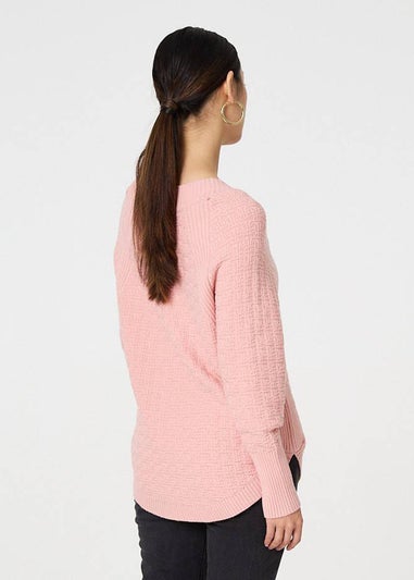 Izabel London Pink Textured V-Neck Relaxed Curve Hem Jumper