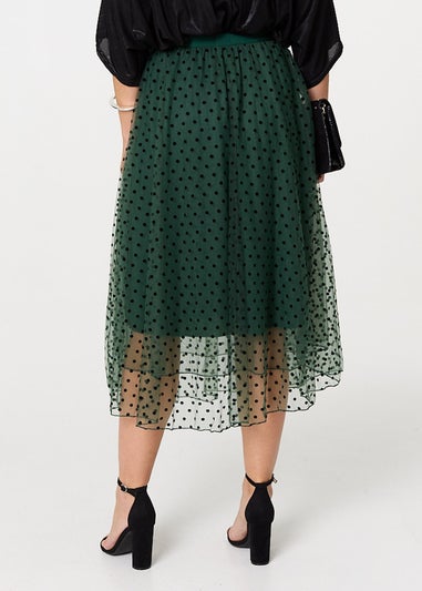 Izabel London Green Polka Dot Layered Mesh Midi Skirt