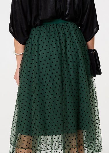 Izabel London Green Polka Dot Layered Mesh Midi Skirt