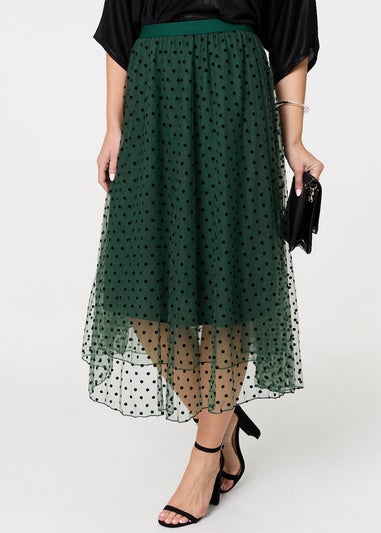 Izabel London Green Polka Dot Layered Mesh Midi Skirt