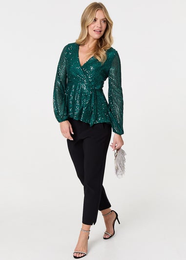 Izabel London Green Sequin Embellished Long Sleeve Peplum Top