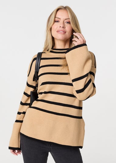 Izabel London Beige Striped Flare Sleeve Roll Neck Jumper