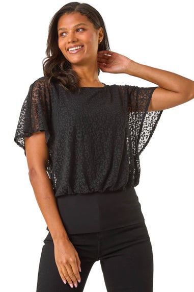 Roman Black Burnout Print Bubble Hem Top