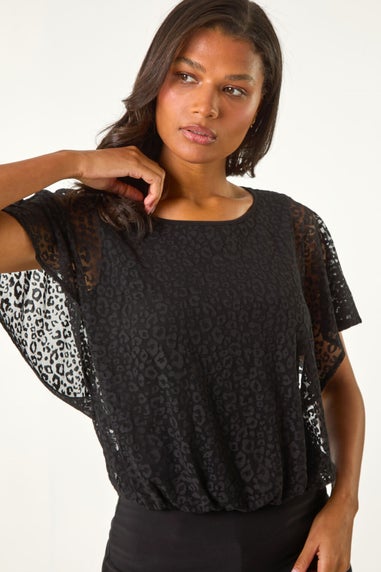 Roman Black Burnout Print Bubble Hem Top