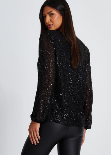 Quiz Black Sequin Drape Top