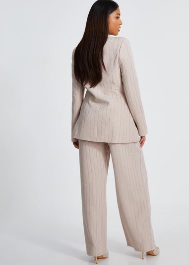 Quiz Beige Petite Diamante Pinstripe Trousers