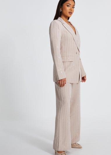 Quiz Beige Petite Diamante Pinstripe Trousers