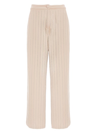 Quiz Beige Petite Diamante Pinstripe Trousers