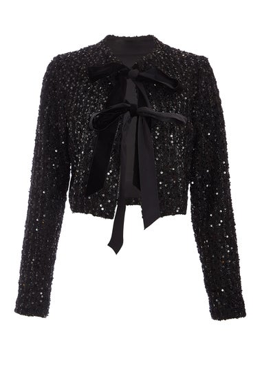 Quiz Black Sequin Boucle Cropped Jacket