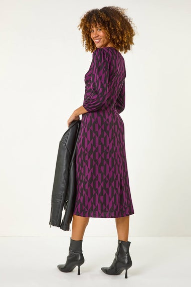 Roman Magenta Geometric Print Twist Front Midi Dress