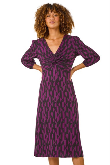 Roman Magenta Geometric Print Twist Front Midi Dress