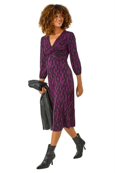 Roman Magenta Geometric Print Twist Front Midi Dress