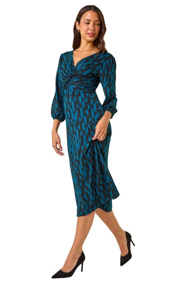 Roman Teal Geometric Print Twist Front Midi Dress