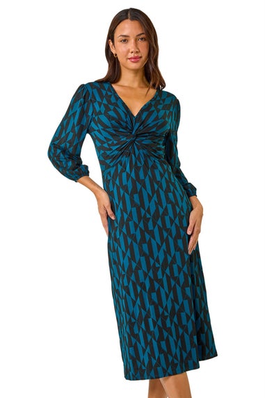 Roman Teal Geometric Print Twist Front Midi Dress