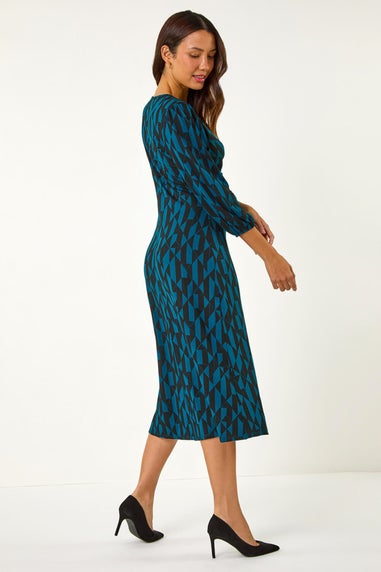 Roman Teal Geometric Print Twist Front Midi Dress