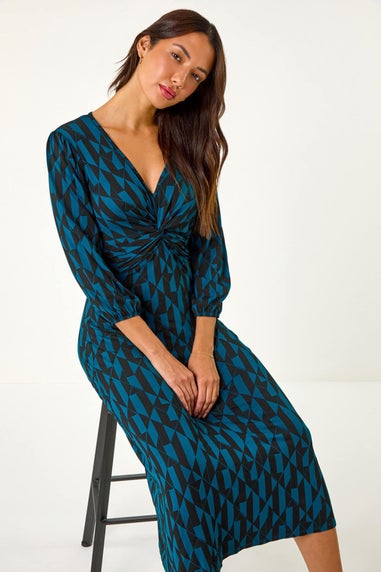 Roman Teal Geometric Print Twist Front Midi Dress