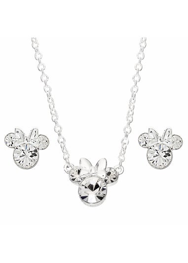 Disney Minnie Mouse Silver Plated Crystal Necklace & Stud Earring Set