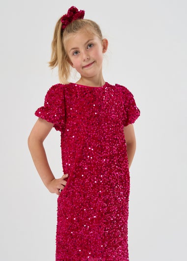 Miss Girls Pink Sequin Shift Dress & Matching Scrunchie Outfit Set (7-12 yrs)